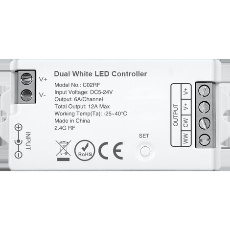 C02RF 2.4GHz three-wire LED strip controller with dual color temperature: adjustable brightness and color temperature