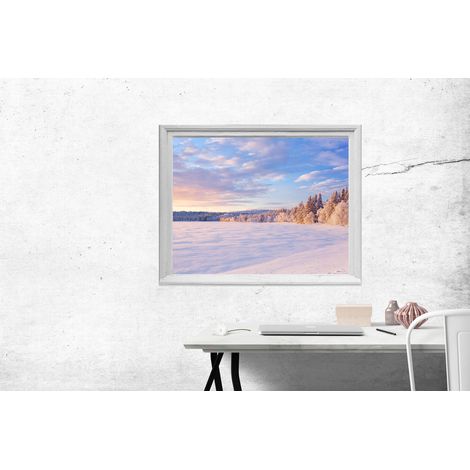 Sticker Autocollant Décoratif Forêt enneigée et Couché de soleil, 75 cm X 60 cm, Trompe l'oeil, Décoration Fenêtre (1/3)