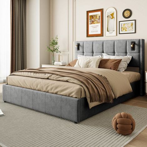 Bett 140x200 cm aus grauem Samt — Kopfteil mit 2 LED-Leselampen und hydraulischem Stauraum (1/5)