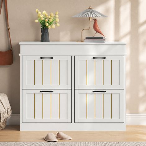 Mobile portascarpe 105x24x83 cm, 4 ante ribaltabili, 8 ripiani, maniglie nere, MDF bianco (1/5)