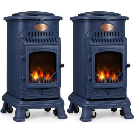 Pack de 2 Poêles à gaz Bleu Nuit Provence en fonte 3,4KW Effet feu de bois Chauffage d'appoint gaz sur roues Sahara (1/5)