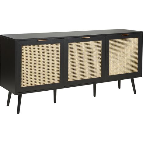 Aparador 3 puertas frontal ratán MDF negro patas madera de caucho aparador estilo boho sala de estar Opoco (1/5)