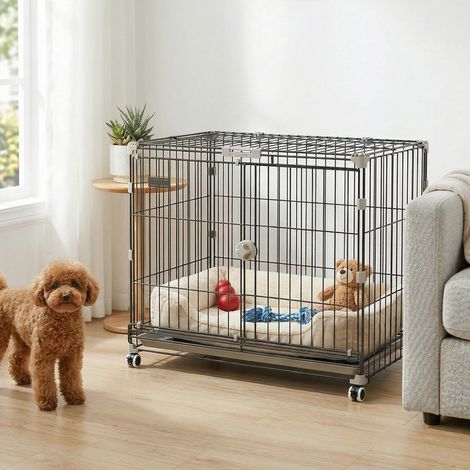 Cage pour Chien Pliable. Plateau Amovible. Roues avec Freins. Toit Ouvrant. Porte de Nourrissage. 75.5x46x64.5cm. Noir