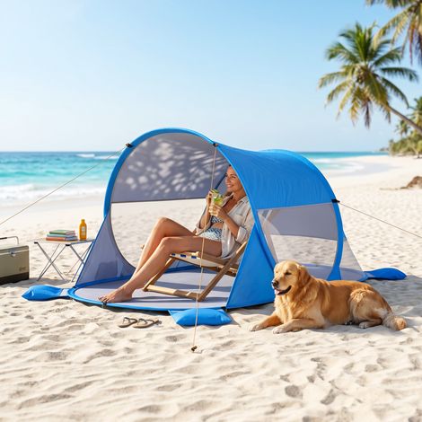 Carpa de Playa Automático para 1-2 Personas con 1 Puerta 2 Ventanas y Bolsa de Transporte 200x120x90 cm Azul (1/5)