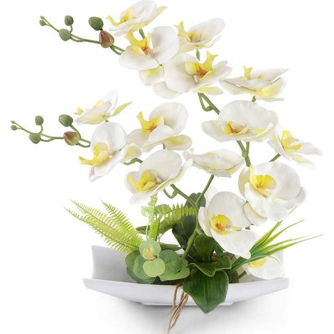 Orchidée blanche réaliste toucher réel, bonsaï artificiel avec pot imitation porcelaine, Phalaenopsis fleurs fausses pour décoration maison