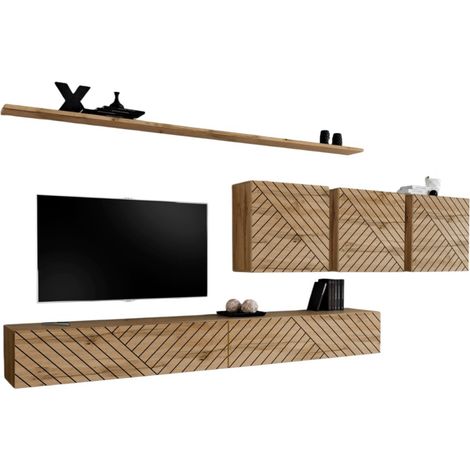 Conjunto de muebles de salón diseño colección SWITCH VII, color roble con acabados fresados.