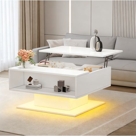 Tavolino basso 80x75x40 cm bianco sollevabile con LED e vano portaoggetti, truciolare MEUBLIV (1/5)