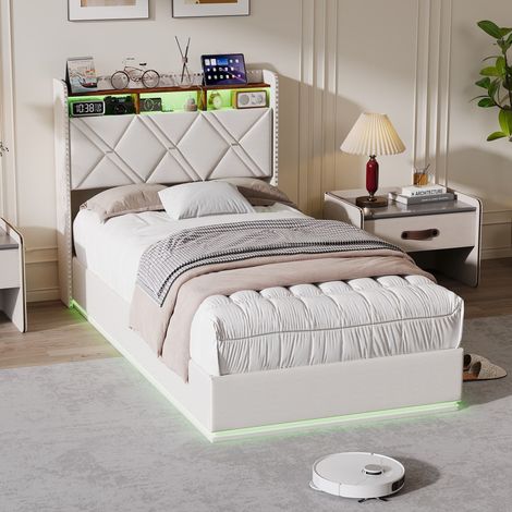 Lit rembourré 90x200 cm,Lit simple,Lit coffre,rangement hydraulique sous le lit,tête de lit avec étagères de rangement,sommier à lattes,LED,USB,Lin,Beige (1/5)