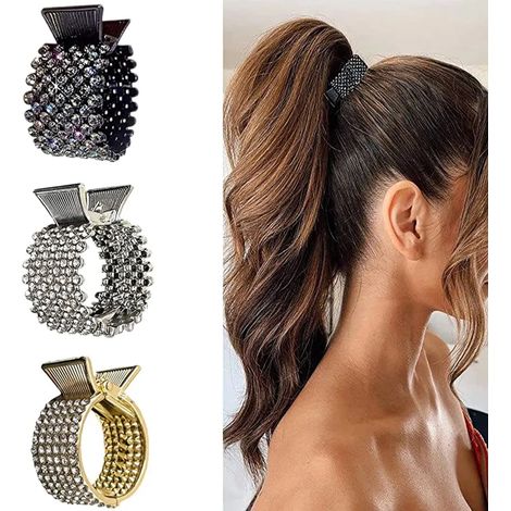 Set aus drei hohen Pferdeschwanz-Haarspangen mit Strasssteinen und Metall, Haaraccessoire für Frauen und Mädchen (1/5)