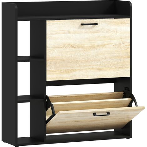 Scarpiera Slim 83x24x90.5 cm per 15 Scarpe con 2 Cassetti Ribaltabili e 3 Vani Aperti Nero (1/5)