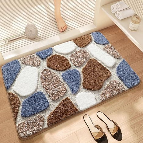 Tapis de Bain Absorbant, Antidérapant, Lavable en Machine, Entretien Facile, 40 x 60 cm, Blocs Bleu et Brun (1/5)