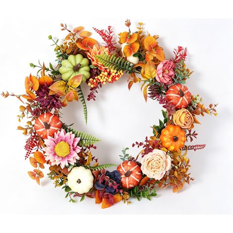 Couronne de porte automnale 46 cm – Guirlande florale artificielle avec pivoines, citrouilles et feuillage – Décoration saisonnière pour maison, mur, porte et porche (1/5)