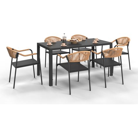 Set di mobili da giardino MADEIRA tavolo 150 cm e 6 sedie in corda e textilene nero e rattan chiaro