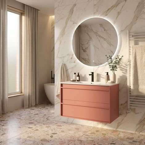 Mobile Bagno Sospeso 80 cm con Lavabo in Ceramica e 2 Cassetti Rosso Satinato – Urban