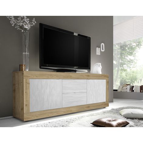 Meuble TV moderne 210 cm chêne cadiz/blanc structuré Agathe (1/5)
