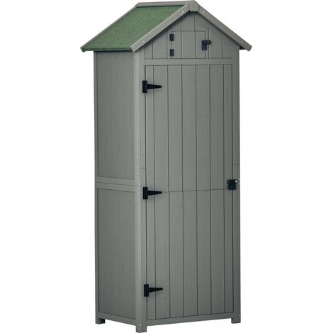 Outsunny Gartenhaus aus grauem Holz mit 3 Regalböden, 2 Türen und Bitumendach – Aufbewahrungsschrank für den Außenbereich, 77 x 54 x 179 cm