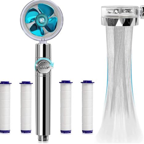 Hochdruckdusche (blau), wassersparend, 360° drehbar, mit Filter, Duschkopf mit Ventilator und Schalter. (1/5)