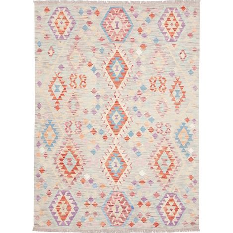 Tapis kilim 150 x 208 cm, motif ethnique, multicolore, rouge et violet, en laine naturelle, tissé plat (1/5)
