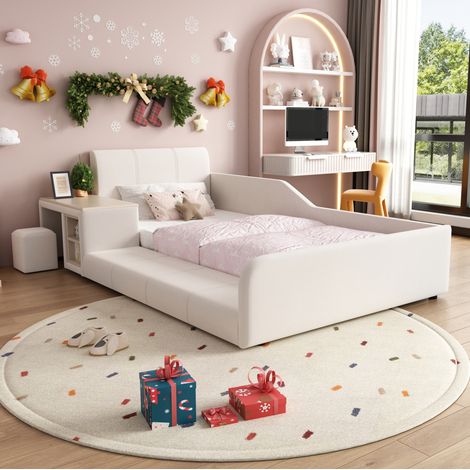 Letto singolo per bambini 90x200 cm bianco in velluto con scrivania, sgabello e ripiano (1/5)