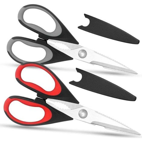 Juego de 2 pares de tijeras de cocina de acero inoxidable con tapa de seguridad - Mango suave - Multiusos - Resistentes - Rojo/gris - Crezuo (1/4)