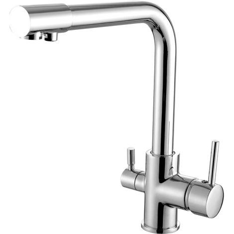 Robinet de cuisine à bec haut avec double sortie eau filtrée par osmose et eau réseau, cartouche céramique 40mm, chromé, idéal pour zones calcaire, kit de fixation inclus. (1/2)