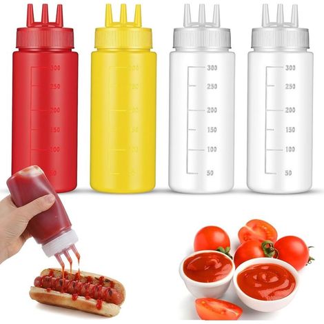 Lot de 4 bouteilles à condiments pour sauces, 300 ml, ketchup, ketchup, 3 trous, en plastique, pour sauce, ketchup, moutarde, sirop, barbecue, loisirs créatifs (1/5)