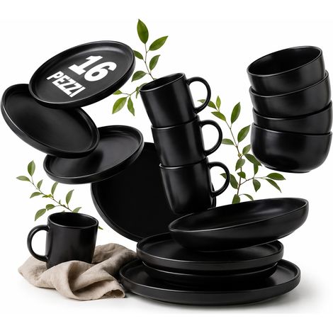 Servizio Piatti da 16 Pezzi Nero per 4 Persone in Gres Smaltato Design Moderno