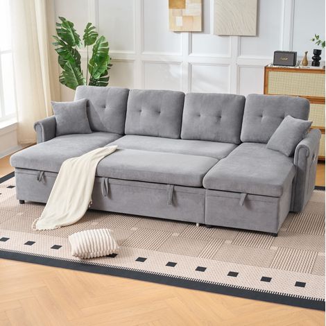 OKWISH Divano angolare a U con funzione letto e contenitore in ciniglia, grigio (1/5)