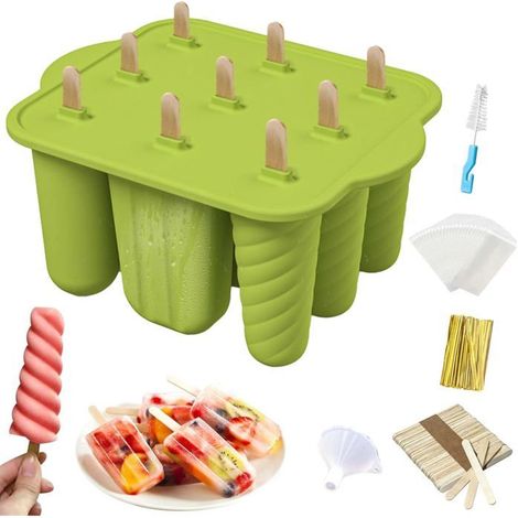 Moules à Glace Silicone,sans PBA, Réutilisables, 9 Cavités avec 50 Bâtonnets, Sacs, Attaches, Brosse,pour diy glaces maison,Vert (1/5)