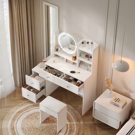 Coiffeuse avec miroir 109x36x164 cm - avec tabouret - avec LED - avec 4 tiroirs et étagères ouvertes - blanc