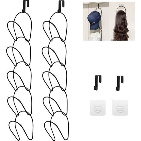 Porte-Chapeau - Support Métallique pour Casquettes et Écharpes - Fixation Porte/Mur/Barre - Lot de 10 - Dimensions 16,5 x 14 cm - Noir (1/5)