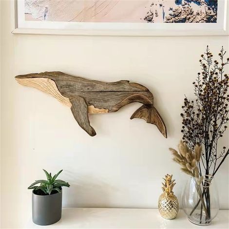 Sculpture Murale Bois - Thème Nautique Baleine Voilier - Décoration Intérieure Plage Côtière - 75 x 15 x 3,8 cm - 1 Pièce (1/4)
