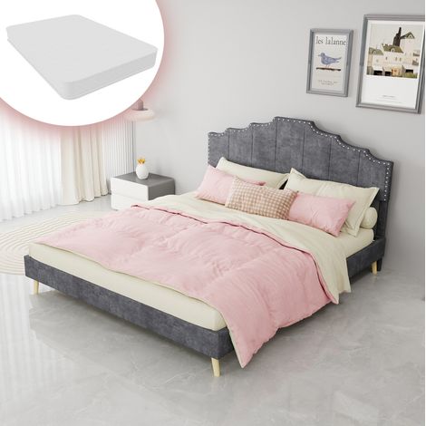 Cama 160x200 cm gris de tela, cabecero geométrico, estable para dormitorio, con colchón – MEUBLIV (1/5)
