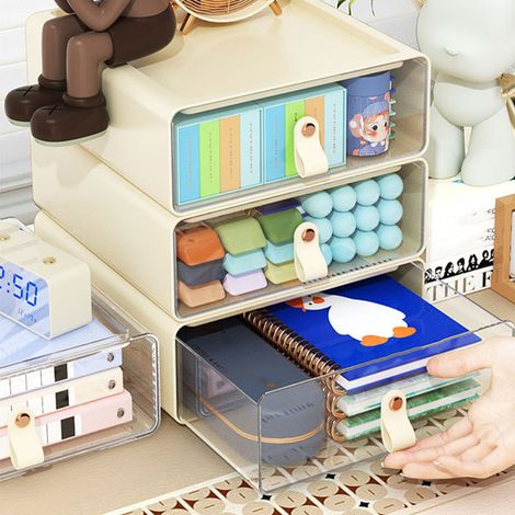 Kreative Aufbewahrungsbox mit transparenten Schubladen, stapelbar und mit großem Fassungsvermögen, ideal für Büro, Studentenwohnheime und Studentenwohnheime, in Cremefarbe. (1/5)