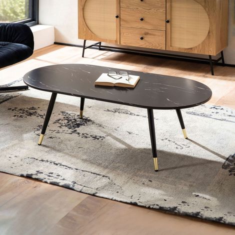 Table basse ovale 120x60x41,5 cm effet marbre noir et doré - WODI