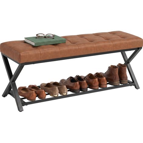 Schuhbank, Eingangsbank mit Kunstlederpolster, 112 x 37 x 47 cm, Braun (1/5)