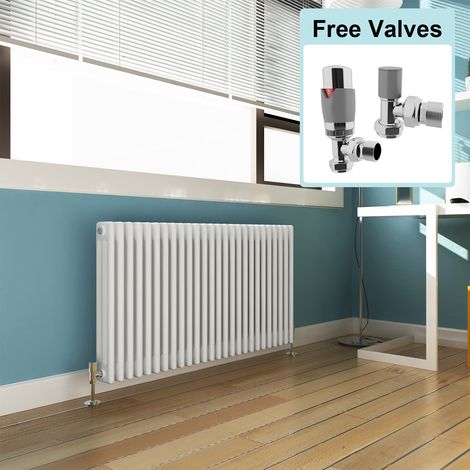ELEGANT 600 x 1177 mm Traditional Radiator Cast Iron Style Horizontal Radiator White Triple Horizontal Column Radiators + Chrome Thermostatic Radiator Valves (1/5)