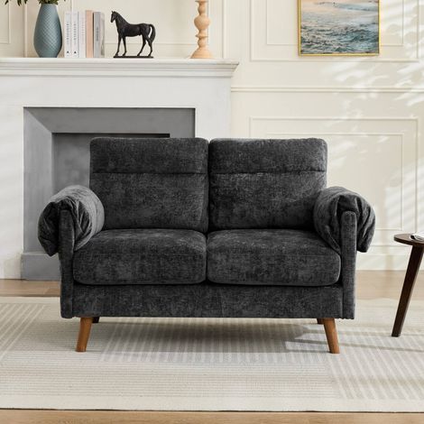 Canapé 2 places 124 cm,tissu chenille,avec tissu en peluche doux, coussins rembourrés et pieds en imitation bois,Noir (1/5)