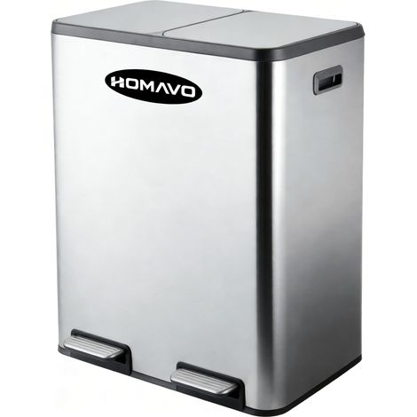 HOMAVO Poubelle de tri sélectif 60L (2×30L) en acier inoxydable – Double compartiment, à pédale, fermeture douce, couleur argent