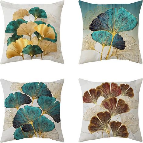 Housse de coussin décorative 45x45 avec motif feuille de ginkgo, lin jaune doré naturel, style ferme, housse de siège 18x18 pour canapé, salon moderne, jardin extérieur, lot de 4 (1/5)