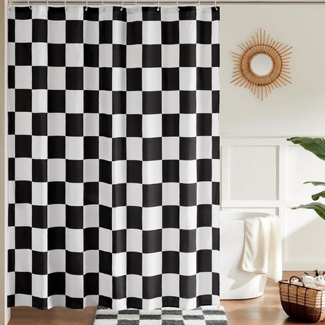 Cortina de ducha antimoho – 180×180 cm – motivo cuadros vintage – estética retro – antiarrugas y anti-decoloración – 12 ganchos incluidos (negro) (1/5)