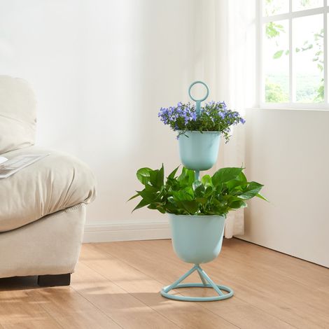 Soporte para plantas Alphen con 2 maceteros metal 77xØ26cm - Azul claro [en.casa]