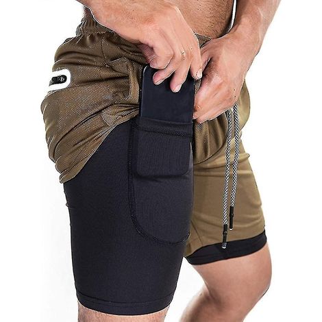 Short de sport 2 en 1 pour homme, idéal pour la course, la salle de sport et l'entraînement. Séchage rapide. Taille M - Kaki (1/3)