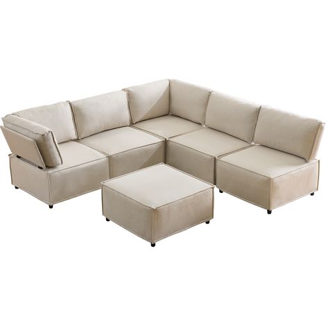 ELVMI Sofá Rinconero Modular 6 Módulos con Estructura de Madera y Cojín blando, Tejido Beige (1/5)