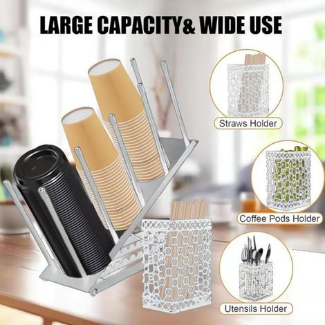 Station Café-Thé - Support Gobelets 4 Compartiments Vertical - Rangement Pour Tasses Couvertures Pailles Accessoires - 100 Pièces - Blanc (1/4)