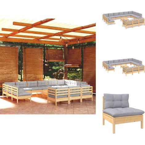 Gartenmöbel-Sets - Living 14-tlg. Garten-Lounge-Set mit Grauen Kissen Kiefernholz (1/5)
