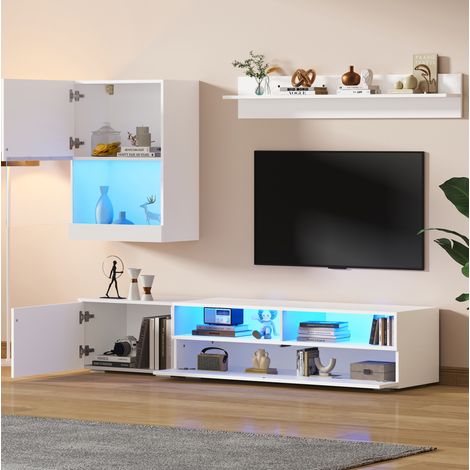 Mueble TV 175x39x34 cm de paneles de madera blanco, con almacenaje para salón FloraGrace (1/5)