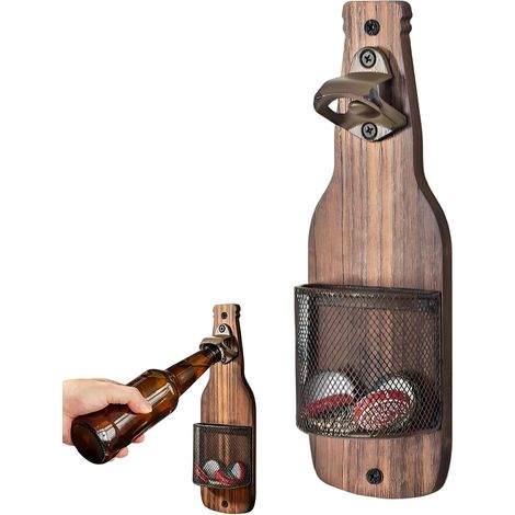 Décapsuleur mural récupérateur bouchons bois fer vintage, bar cuisine terrasse, cadeau bière homme papa (1/5)