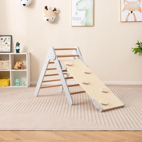 Goplus – Toboggan réversible avec triangle d'escalade Montessori – Charge 50kg – Bois de hêtre et bouleau – Pour enfants 1 an et plus – Gris (1/5)