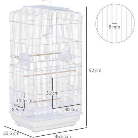 Cage à oiseaux portable (avec poignée), plateau et porte amovibles, perchoir en bois, balançoire et bol de nourriture, 46,5 x 35,5 x 92 cm, blanc. (1/5)